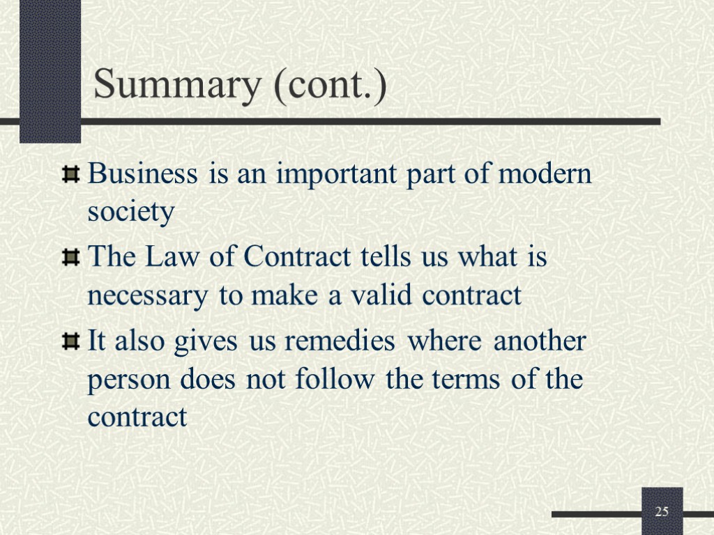 25 Summary (cont.) Business is an important part of modern society The Law of